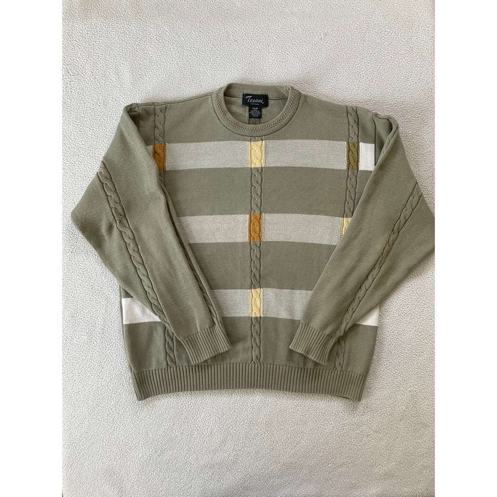 Vintage 90s Tosani Mens Medium Sweater Green Striped Cable Knit Cotton Pullover